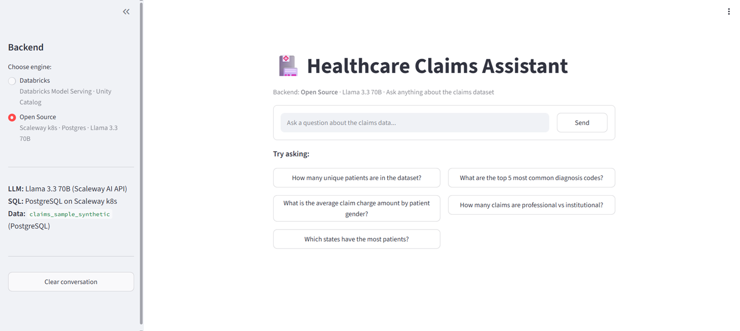 Databricks vs Open Source backend selector in the Healthcare Claims Assistant